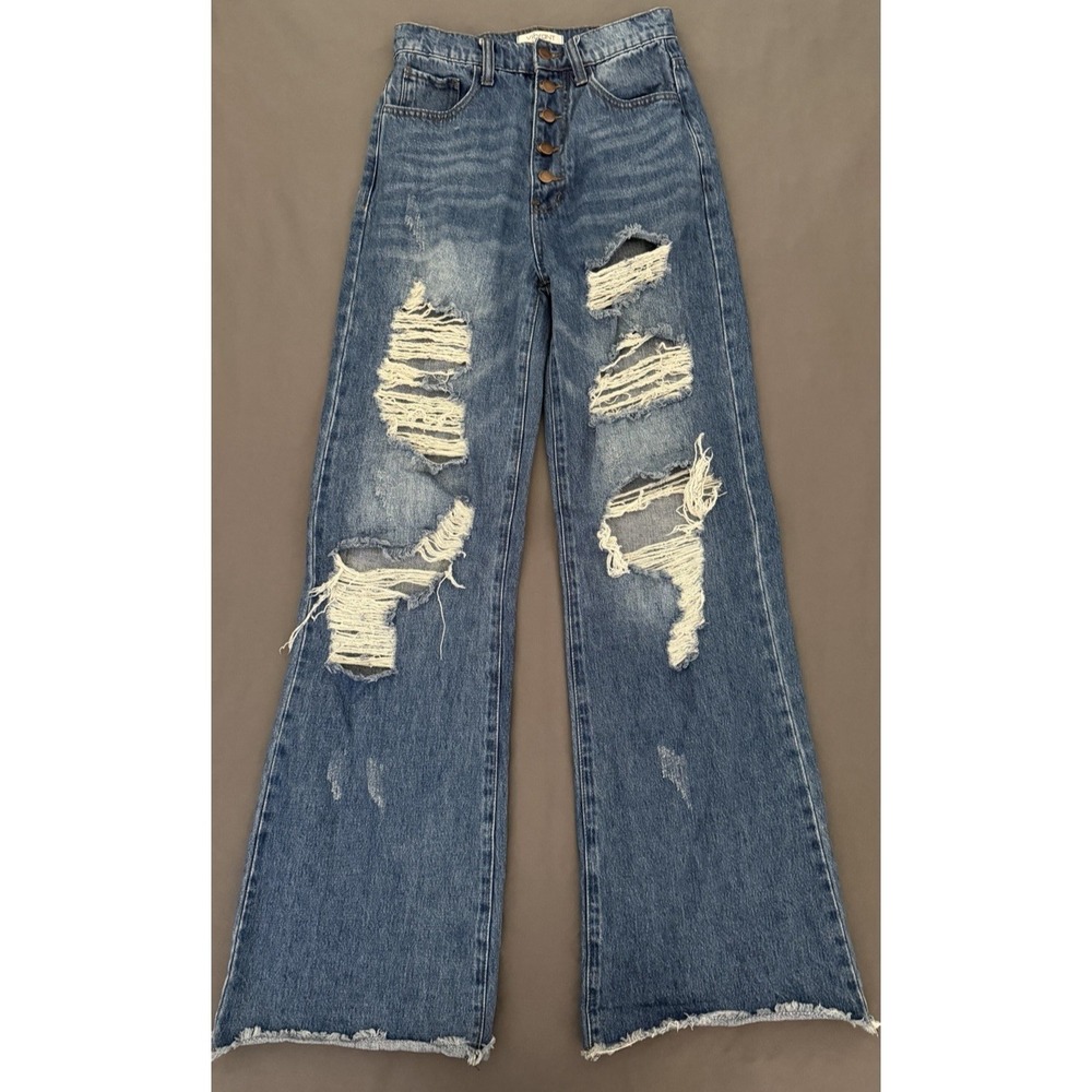 Vibrant MIU Jeans Womens Size 7 Distressed High Rise Button Fly Wide Leg Ripped